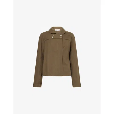 Peachy Den Womens Fig & Olive Stripe Coppola Pinstripe Cotton Shirt Xs In Brown