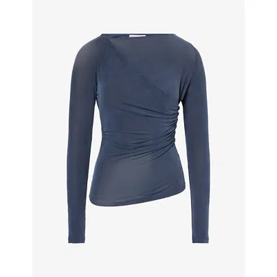 Peachy Den Womens Kylie Button Cupro Wrap Top Dark Navy