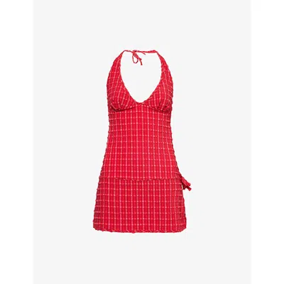 Peachy Den Womens Lipstick Cindy Halter-neck Woven Mini Halter Dress In Red