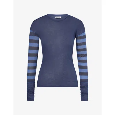 Peachy Den Womens Paloma Striped Long-sleeve Cotton T-shirt Navy Stripe