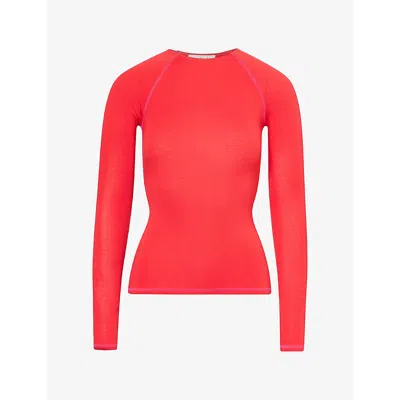 Peachy Den Womens Susie Long-sleeve Stretch-woven Top Cherry