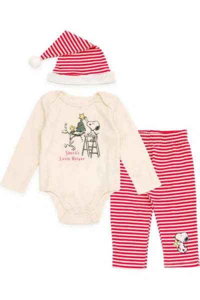Peanuts Babies'  Christmas Bodysuit Pants And Hat Set In Red