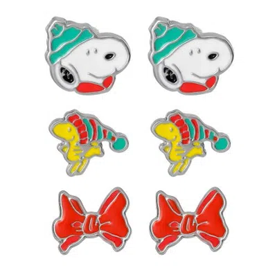 Peanuts Kids'  Christmas Snoopy Earrings Set 3 Pairs Official License In Metallic