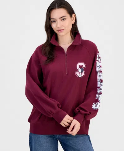 Peanuts Juniors' Snoopy Quarter-zip Fleece Sweatshirt In Burgundy
