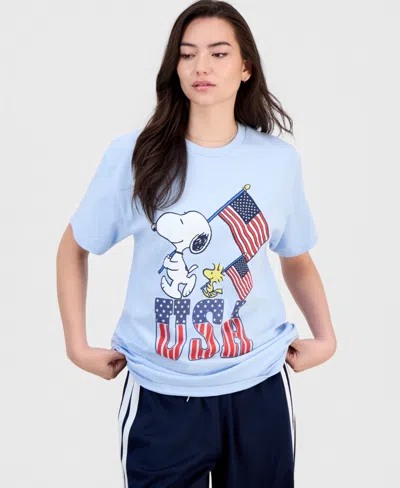 Peanuts Juniors' Snoopy Usa Flags Cotton Short-sleeve T-shirt In Blue