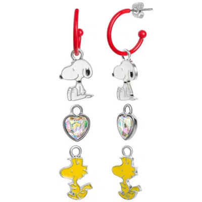 Peanuts Kids'  Red Hoop Earrings With 6 Interchangeable Dangle Charms In Metallic