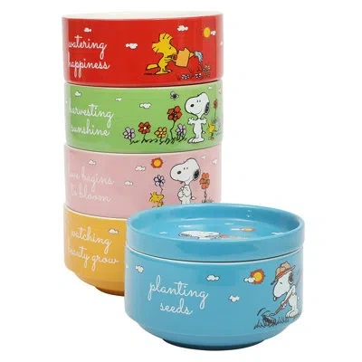 Peanuts Snoopy 6 Pack Stackable 5.5" Decorated Stoneware Bowl Set W/ Plate In Blue;green;red;yellow;pink