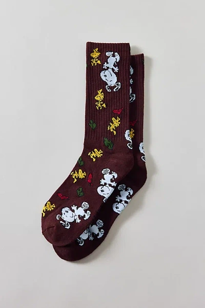 Peanuts Snoopy Allover Autumn Pattern Crew Sock In Brown, Men's At Urban Outfitters In Burgundy