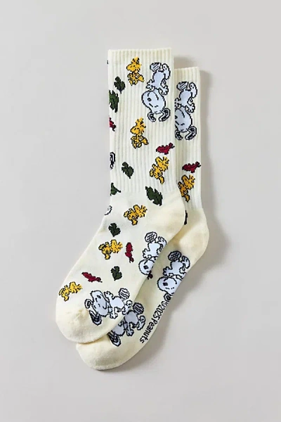 Peanuts Snoopy Allover Autumn Pattern Crew Sock In Cream, Men's At Urban Outfitters In White