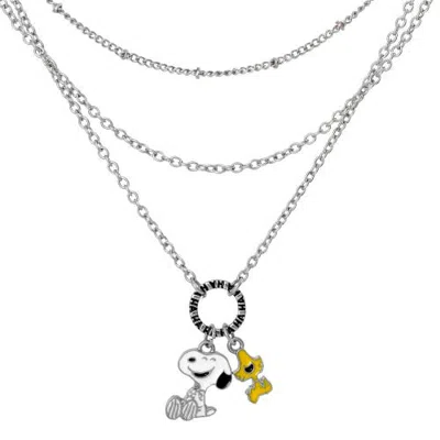 Peanuts Snoopy And Woodstock Layered Necklace For Women, 16/17/18"+3.25" In Silver Tone