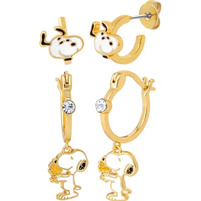Peanuts Snoopy Earring Set, 2-pair, Gold-tone Studs & Dangle Hoops