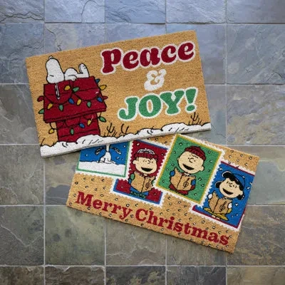 Peanuts Snoopy Gang Peace & Joy Multi-colored Graphic All Weather Non-slip Indoor/ Outdoor Coir Door Mats Se In Blue;black;brown;white;green;red;beige;y
