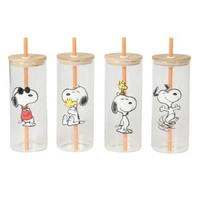 Peanuts Snoopy Happy Sips 23 oz Glass Tumbler Set With Lids, 4-piece In Multi