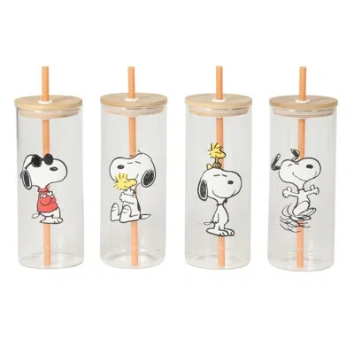Peanuts Snoopy Happy Sips 4 Piece 23 oz Tumbler Set With 4 Bamboo Lids And 4 Straws Set, Iced Coffe, Smoothi In Clear