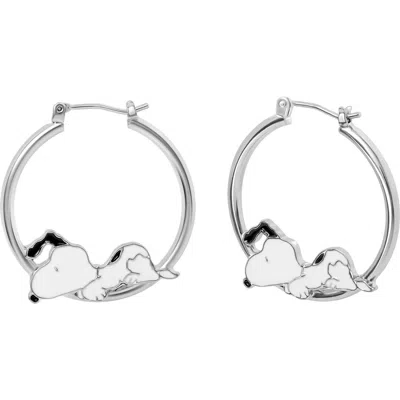 Peanuts Snoopy Hoop Earrings For Women, Silver-tone And Enamel