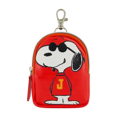 Peanuts Snoopy "j" Full Pose Coin Purse With Keychain Clip In Red