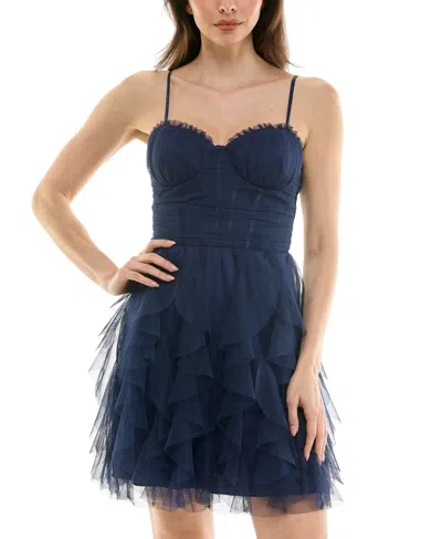 Pear Culture Juniors' Corset-top Petal-skirt Mesh Dress In Navy