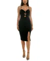 Pear Culture Juniors' Cutout-bodice Fitted Slit-front Dress In Black