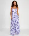 Pear Culture Juniors' Floral Print Ruffled Sleeveless Gown In White,purple