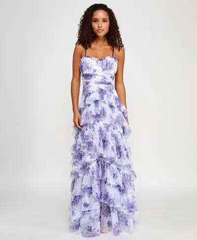 Pear Culture Juniors' Floral Print Ruffled Sleeveless Gown In White,purple