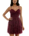 Pear Culture Juniors Womens Corkscrew Ruffles Gathered Cocktail And Party Dress In Wine