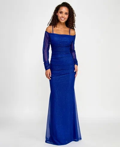 Pear Culture Juniors' Glitter-mesh Ruched Off-the-shoulder Gown In Royal