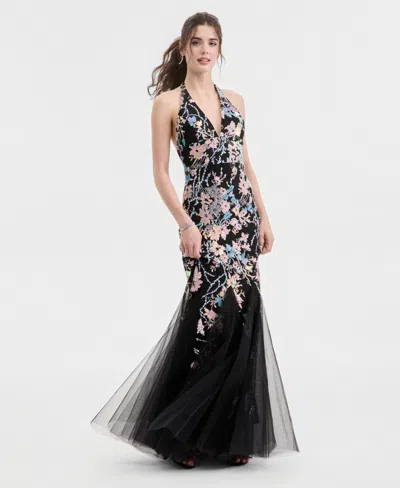 Pear Culture Juniors' Halter-neck Floral Sequin Mermaid Gown, Macys Exclusive In Black