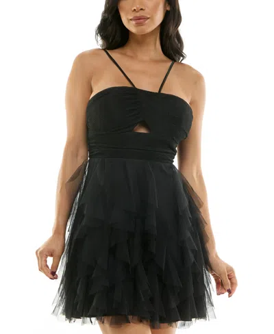 Pear Culture Juniors' Lace-up-back Petal-skirt Dress In Black