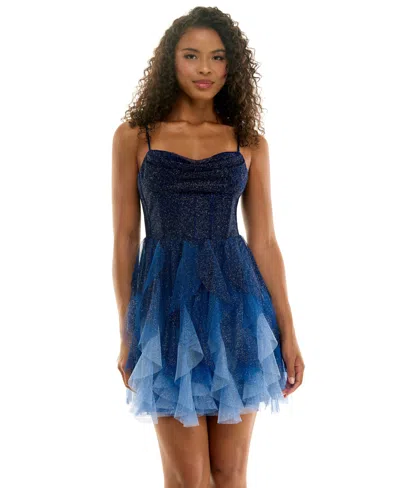 Pear Culture Juniors' Ombre Petal Sweetheart Short Dress In Blue