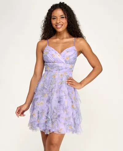 Pear Culture Juniors Spaghetti Strap Printed Dress In Purple