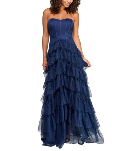 Pear Culture Juniors' Strapless Tiered Glitter Dress In Navy