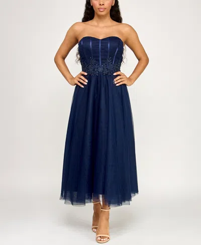 Pear Culture Juniors' Strapless Waist Trim Midi Dress In Blue