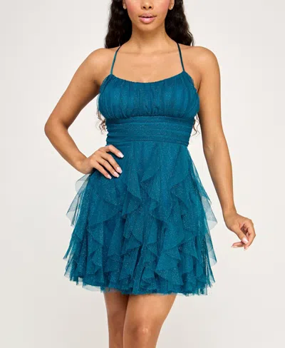 Pear Culture Juniors' Strappy Glitter Embellished Petal Dress In Blue
