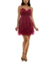 Pear Culture Juniors Womens Corkscrew Ruffles Gathered Cocktail And Party Dress In Wine