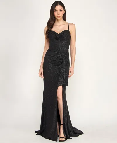 Pear Culture Juniors' Sweetheart-neck Strappy Shimmer Gown In Black