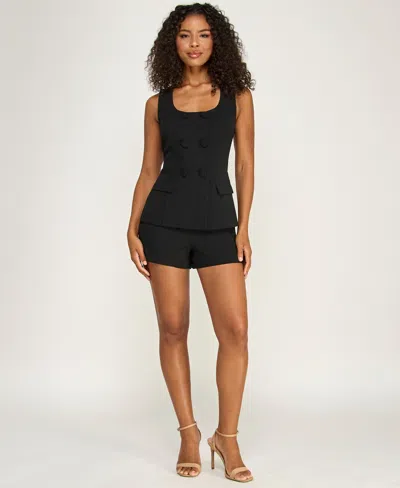 Pear Culture Juniors' Tailored Button-front Black Romper
