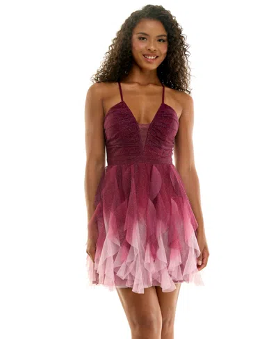 Pear Culture Juniors' V-neck Dress In Burgundy