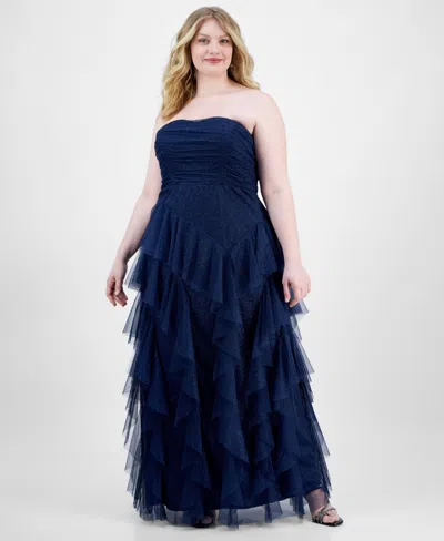 Pear Culture Plus Size Sparkle Strapless Ruffle-tiered Gown In Navy