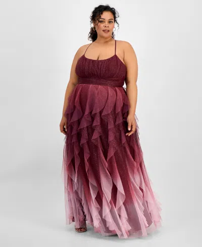 Pear Culture Trendy Plus Size Glitter Mesh Ball Gown In Burg,pink