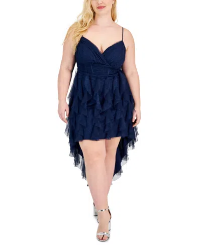 Pear Culture Trendy Plus Size High-low Glitter Petal Dress In Navy