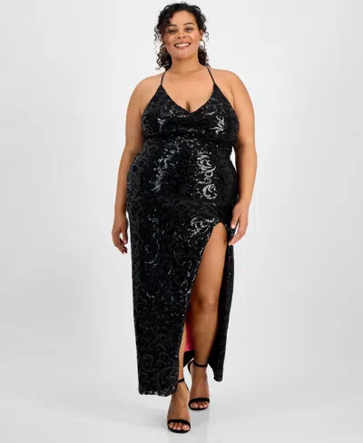 Pear Culture Trendy Plus Size Patterned Sequin A-line Dress In Black