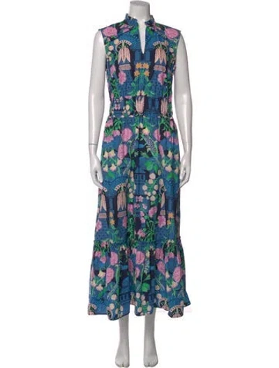 Pre-owned Pearl By Lela Rose Floral Print Long Dress In Blue