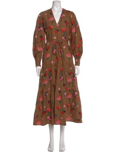 Pre-owned Pearl By Lela Rose Floral Print Long Dress In Brown
