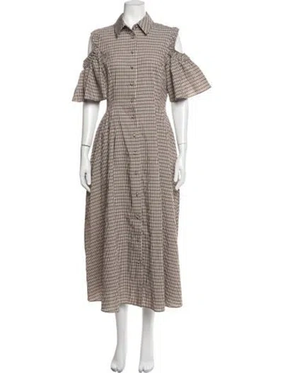 Pre-owned Pearl By Lela Rose Plaid Print Midi Length Dress In Brown