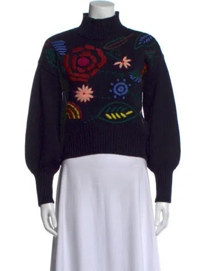 Pre-owned Pearl By Lela Rose Wool Floral Print Sweater In Black