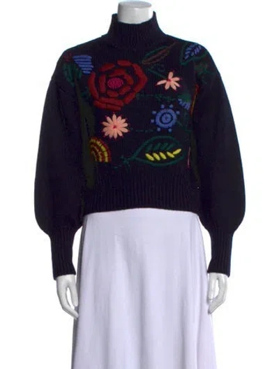 Pre-owned Pearl By Lela Rose Wool Floral Print Sweater In Black