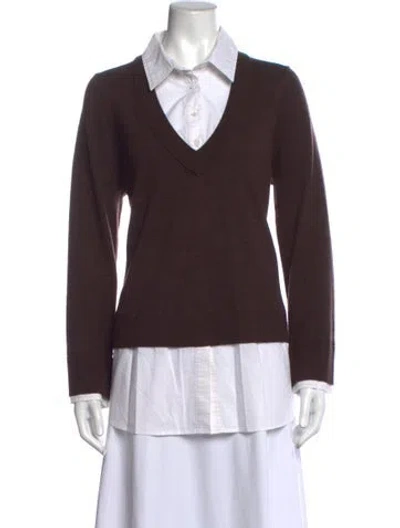 Pre-owned Pearl By Lela Rose Wool V-neck Sweater In Brown