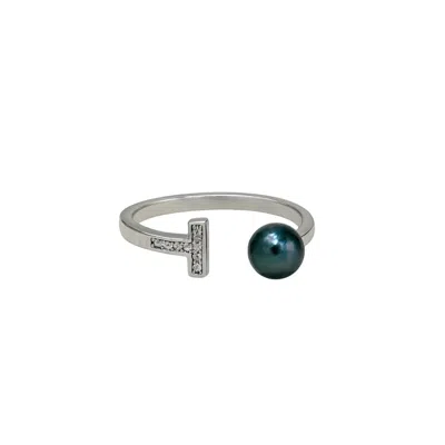 Pearl Code Women's Black Dark Sugar Open Ring With Pearl And Fianite