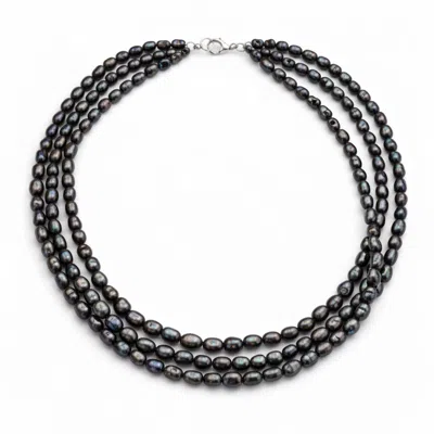 Pearl Code Women's Choker With Black Baroque Rice Pearls In Three Rows, Silver Clasp