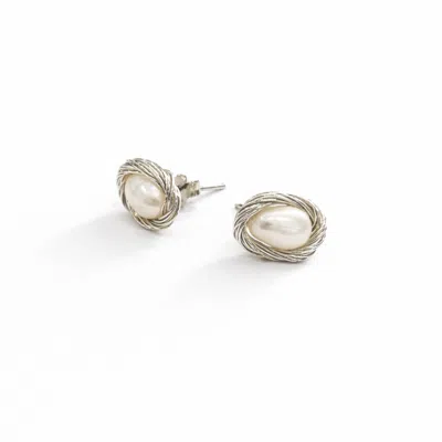 Pearl Code Women's Formal White Pearl Stud Earrings, Silver